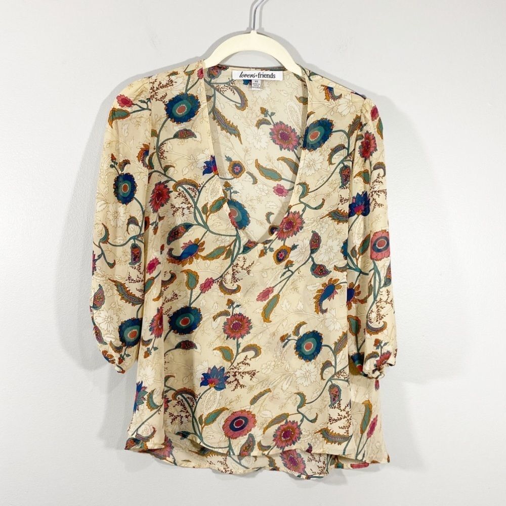 Lovers and Friends | Floral V Neck Sheer Top XS